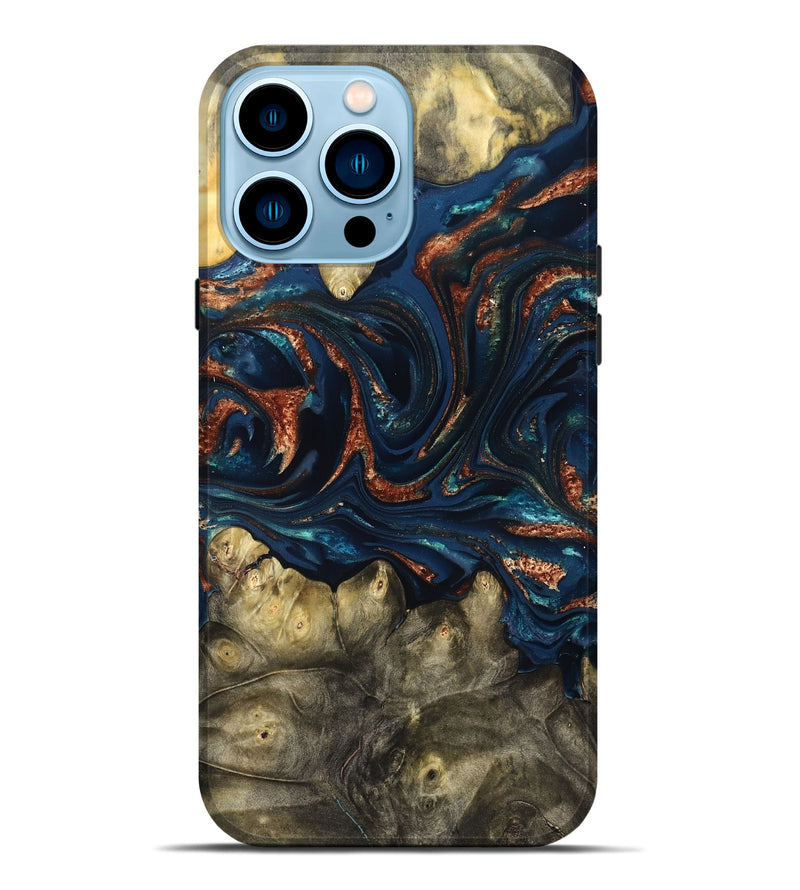 iPhone 14 Pro Max Wood Live Edge Phone Case - Jerald (Teal & Gold, 823730)