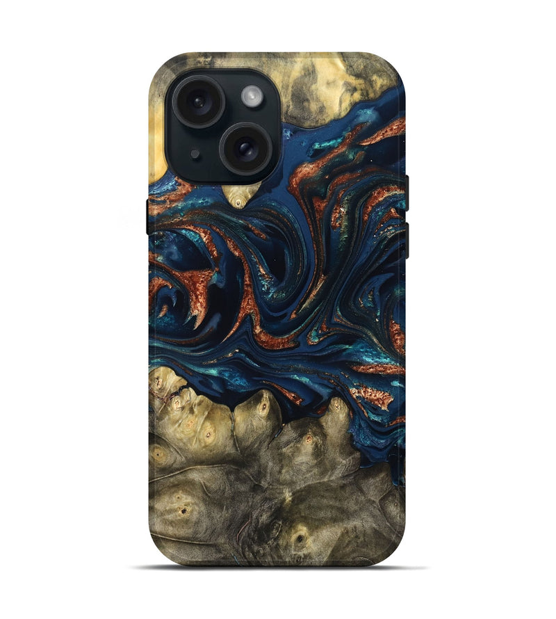 iPhone 15 Wood Live Edge Phone Case - Jerald (Teal & Gold, 823730)