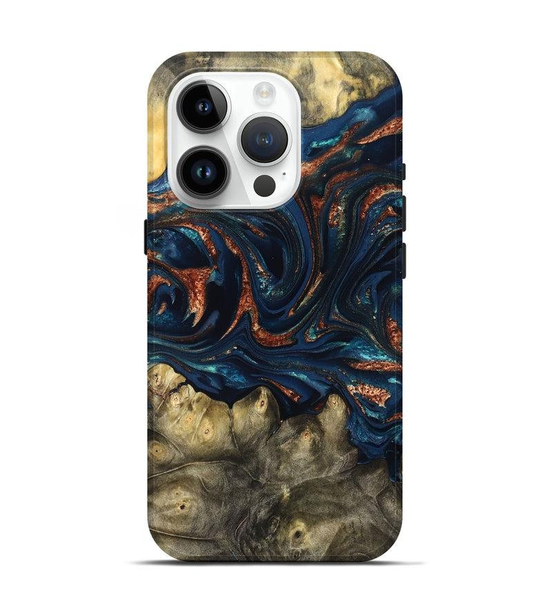 iPhone 15 Pro Wood Live Edge Phone Case - Jerald (Teal & Gold, 823730)