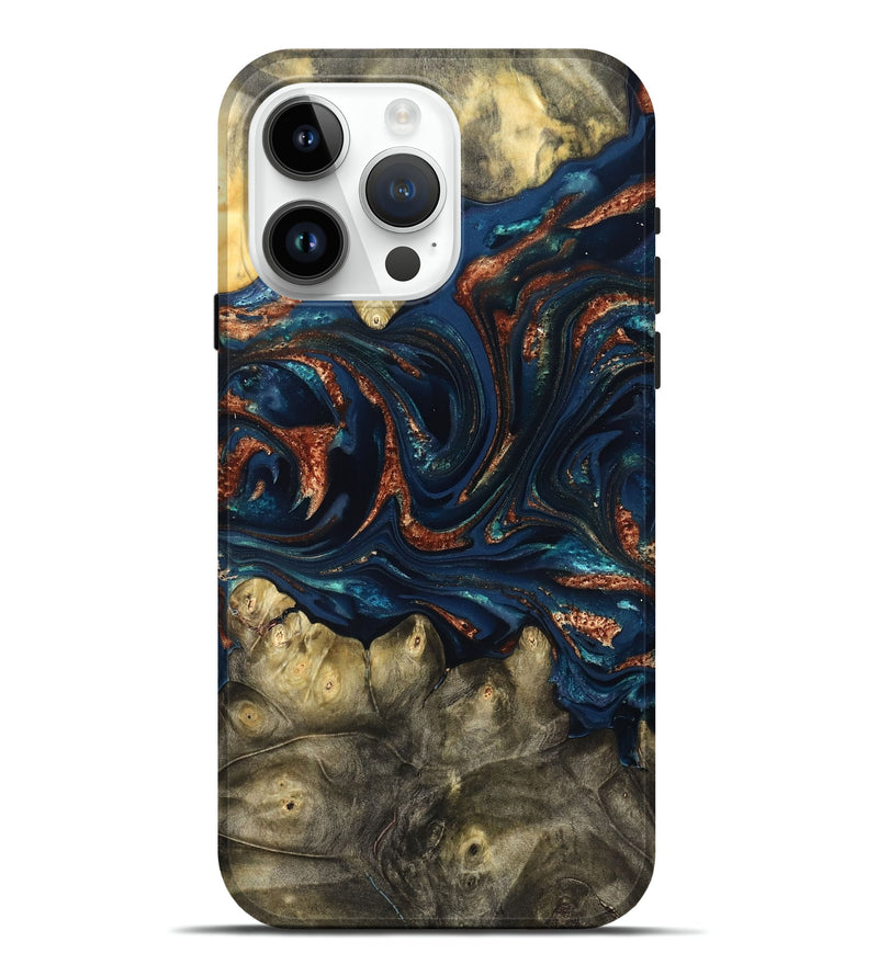 iPhone 15 Pro Max Wood Live Edge Phone Case - Jerald (Teal & Gold, 823730)