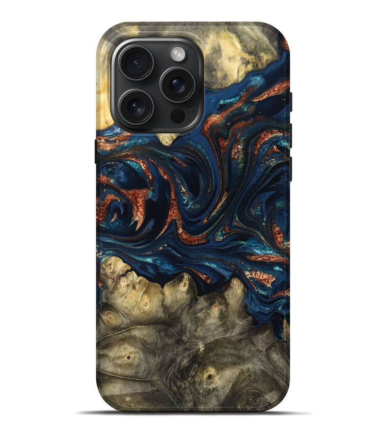 iPhone 16 Pro Max Wood Live Edge Phone Case - Jerald (Teal & Gold, 823730)