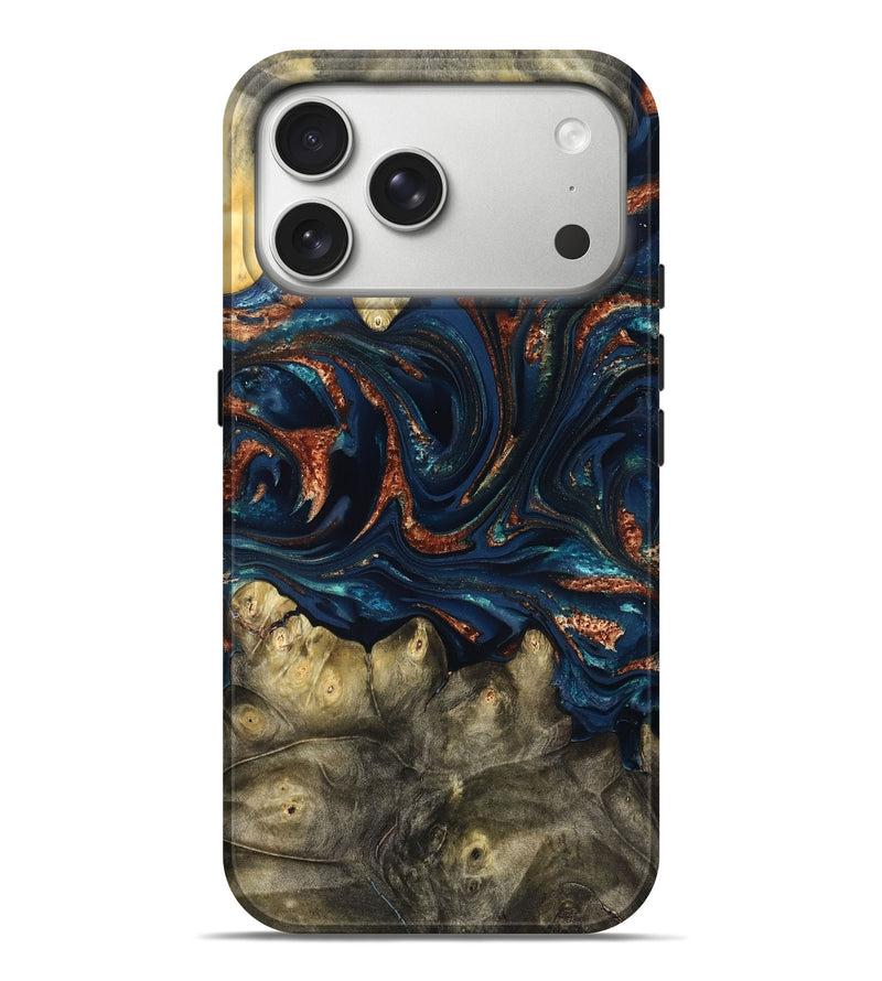 iPhone 17 Pro Max Wood Live Edge Phone Case - Jerald (Teal & Gold, 823730)