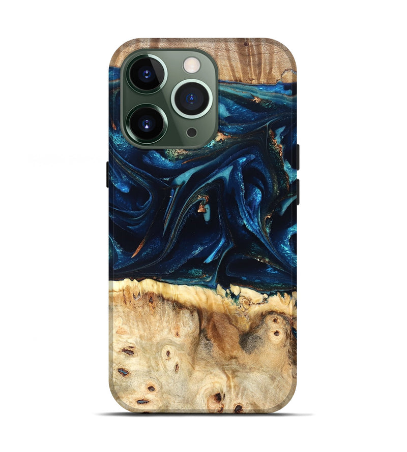 iPhone 13 Pro Wood Live Edge Phone Case - Zelma (Teal & Gold, 823731)