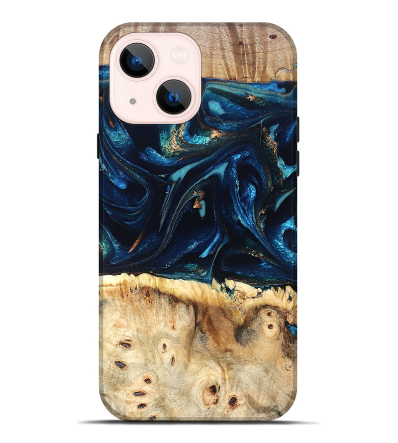 iPhone 14 Plus Wood Live Edge Phone Case - Zelma (Teal & Gold, 823731)