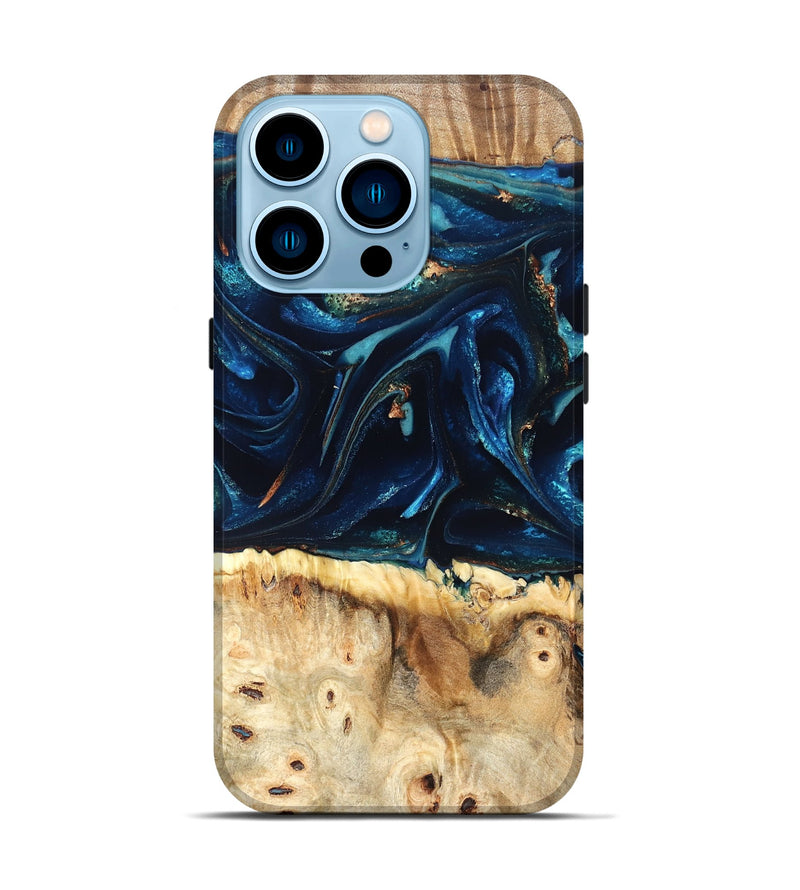 iPhone 14 Pro Wood Live Edge Phone Case - Zelma (Teal & Gold, 823731)