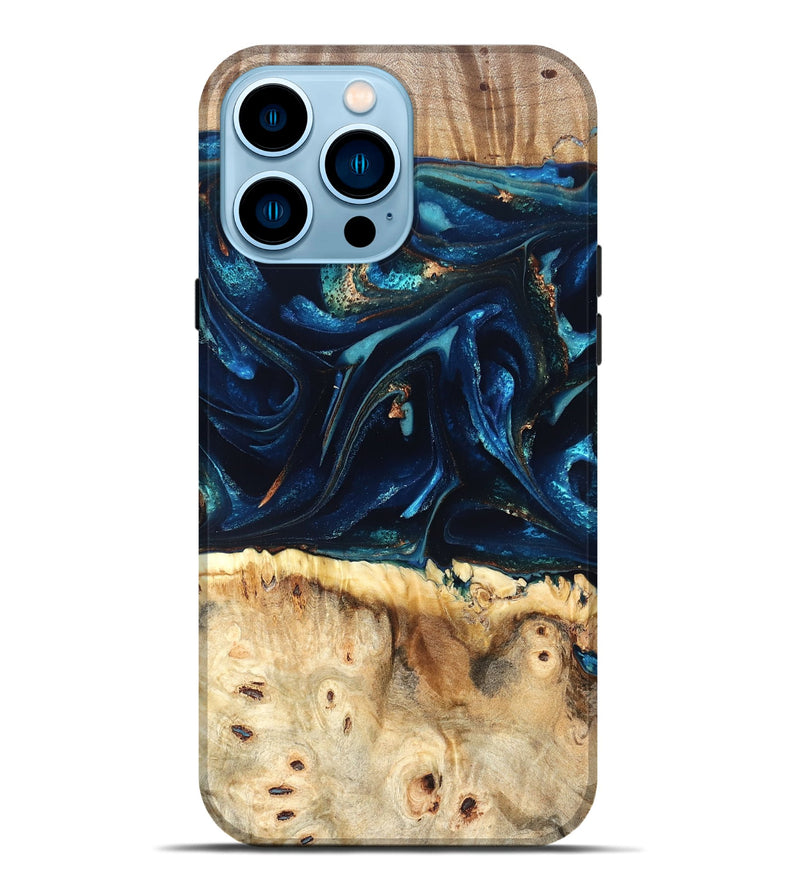 iPhone 14 Pro Max Wood Live Edge Phone Case - Zelma (Teal & Gold, 823731)