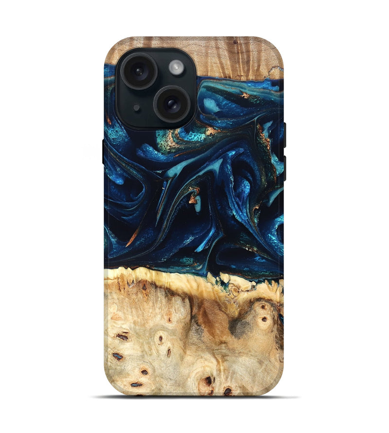 iPhone 15 Wood Live Edge Phone Case - Zelma (Teal & Gold, 823731)