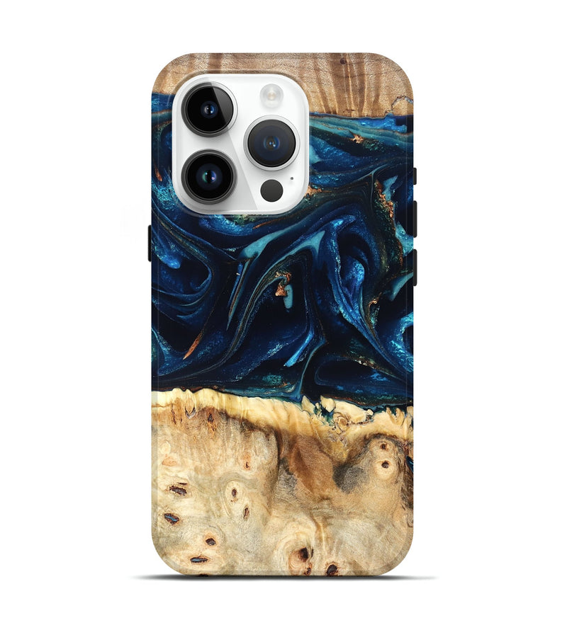 iPhone 15 Pro Wood Live Edge Phone Case - Zelma (Teal & Gold, 823731)