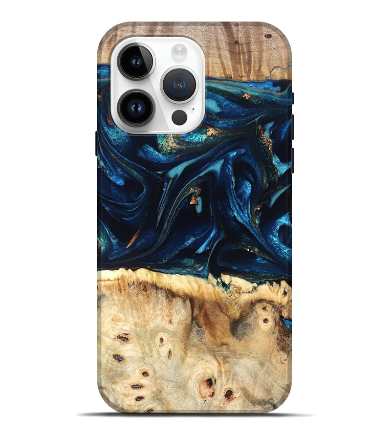 iPhone 15 Pro Max Wood Live Edge Phone Case - Zelma (Teal & Gold, 823731)