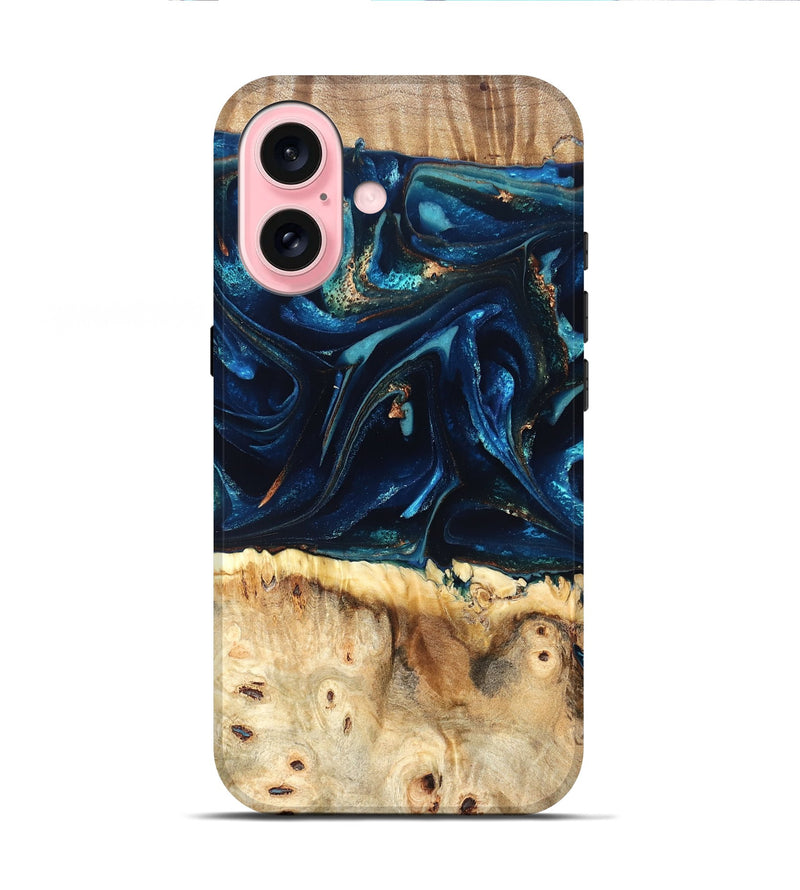 iPhone 16 Wood Live Edge Phone Case - Zelma (Teal & Gold, 823731)