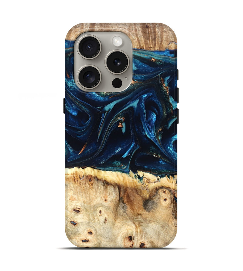 iPhone 16 Pro Wood Live Edge Phone Case - Zelma (Teal & Gold, 823731)