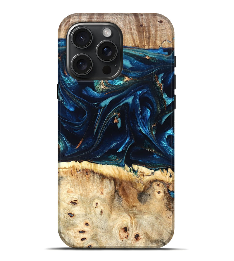 iPhone 16 Pro Max Wood Live Edge Phone Case - Zelma (Teal & Gold, 823731)