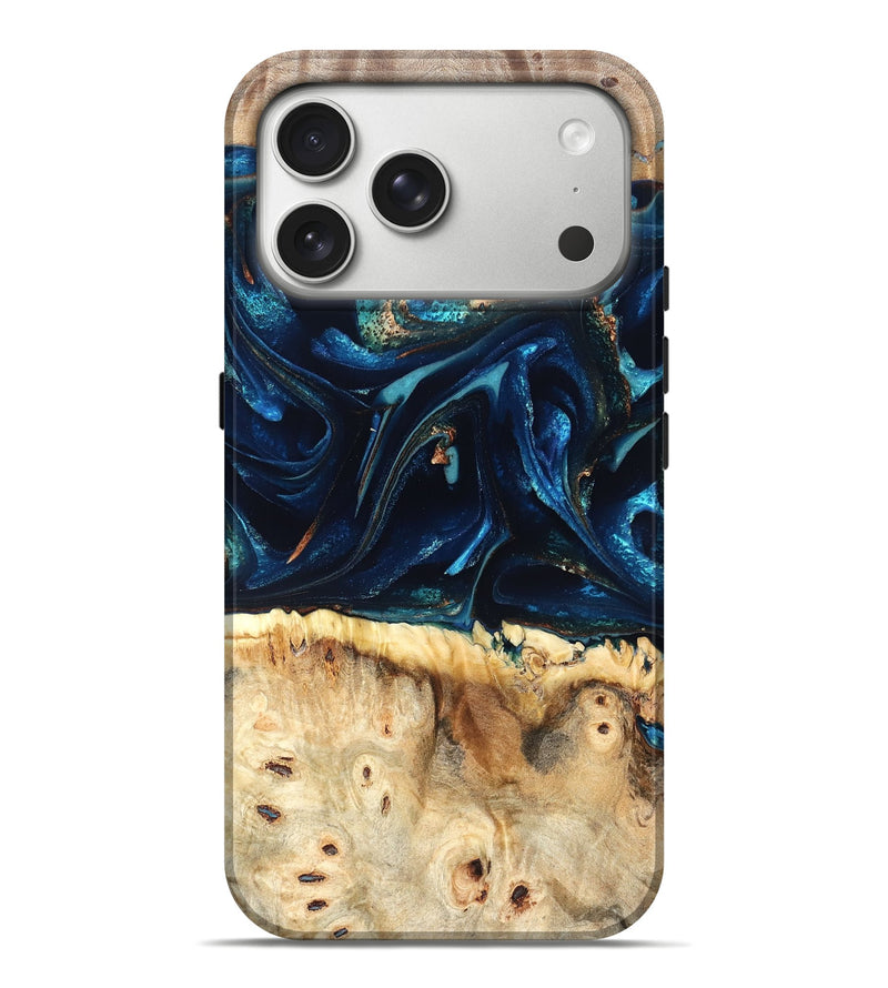 iPhone 17 Pro Max Wood Live Edge Phone Case - Zelma (Teal & Gold, 823731)