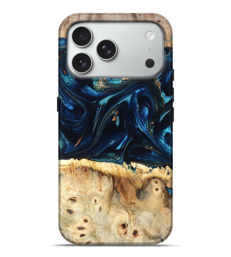 iPhone 18 Pro Max Wood Live Edge Phone Case - Zelma (Teal & Gold, 823731)