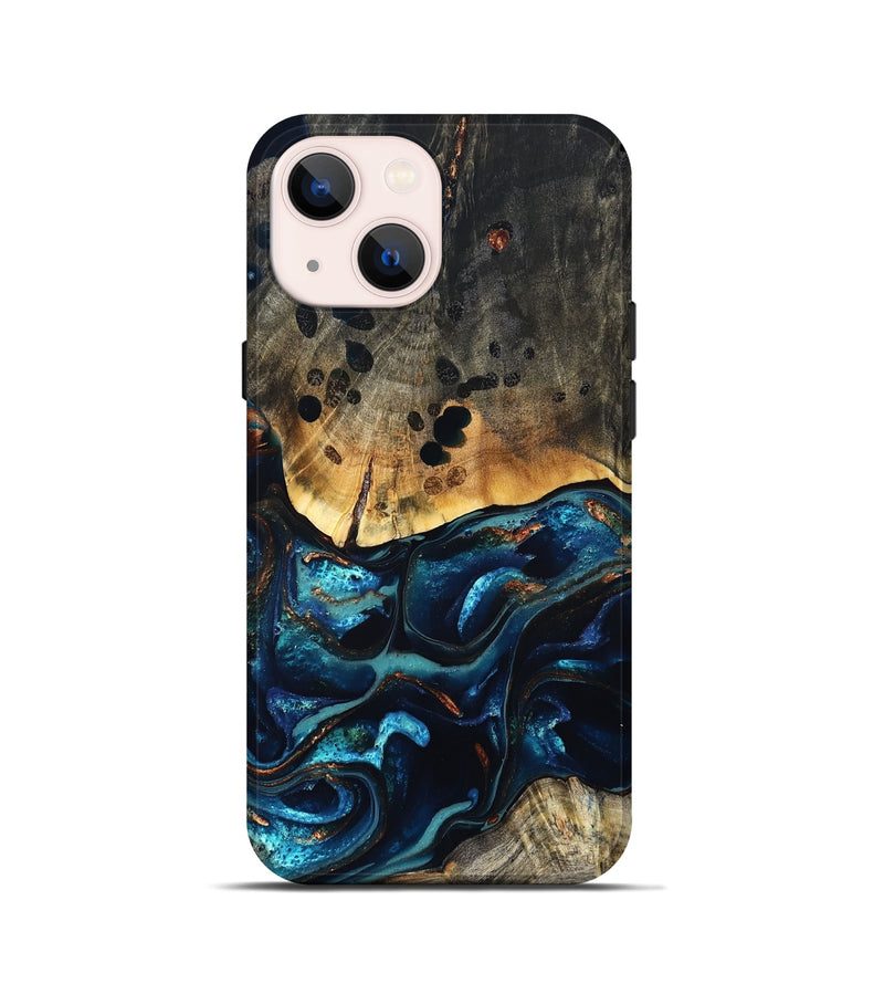 iPhone 13 mini Wood Live Edge Phone Case - Flynn (Teal & Gold, 823732)
