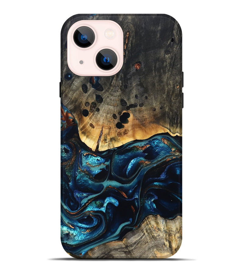 iPhone 14 Plus Wood Live Edge Phone Case - Flynn (Teal & Gold, 823732)