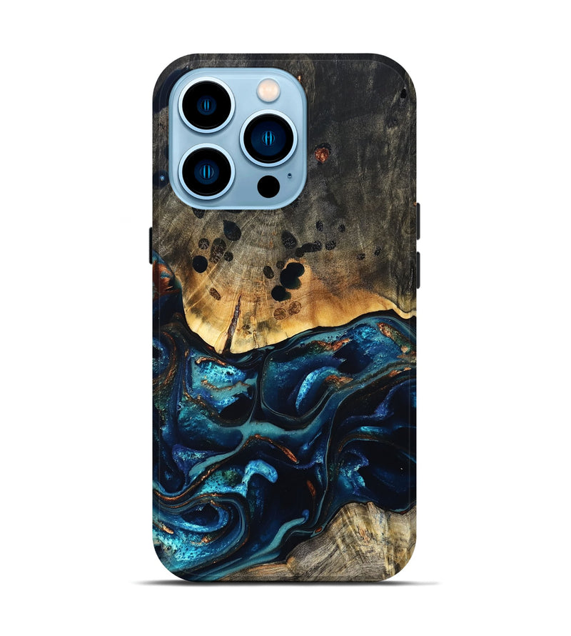iPhone 14 Pro Wood Live Edge Phone Case - Flynn (Teal & Gold, 823732)
