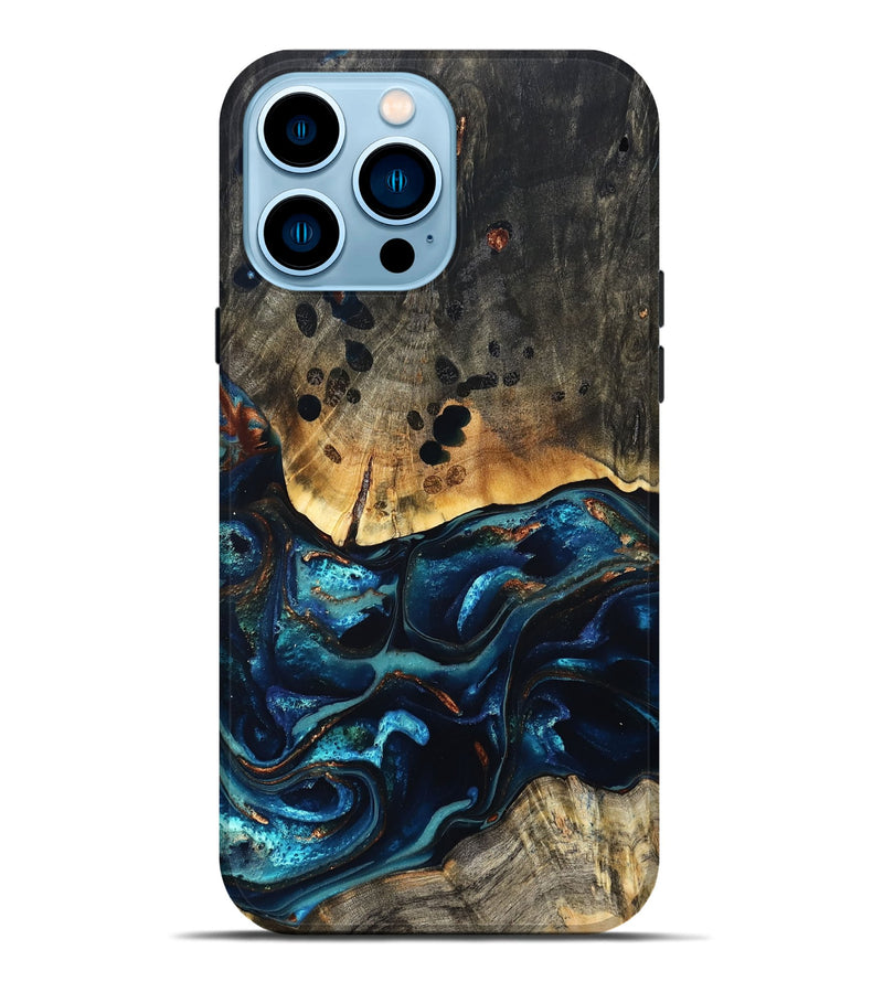 iPhone 14 Pro Max Wood Live Edge Phone Case - Flynn (Teal & Gold, 823732)