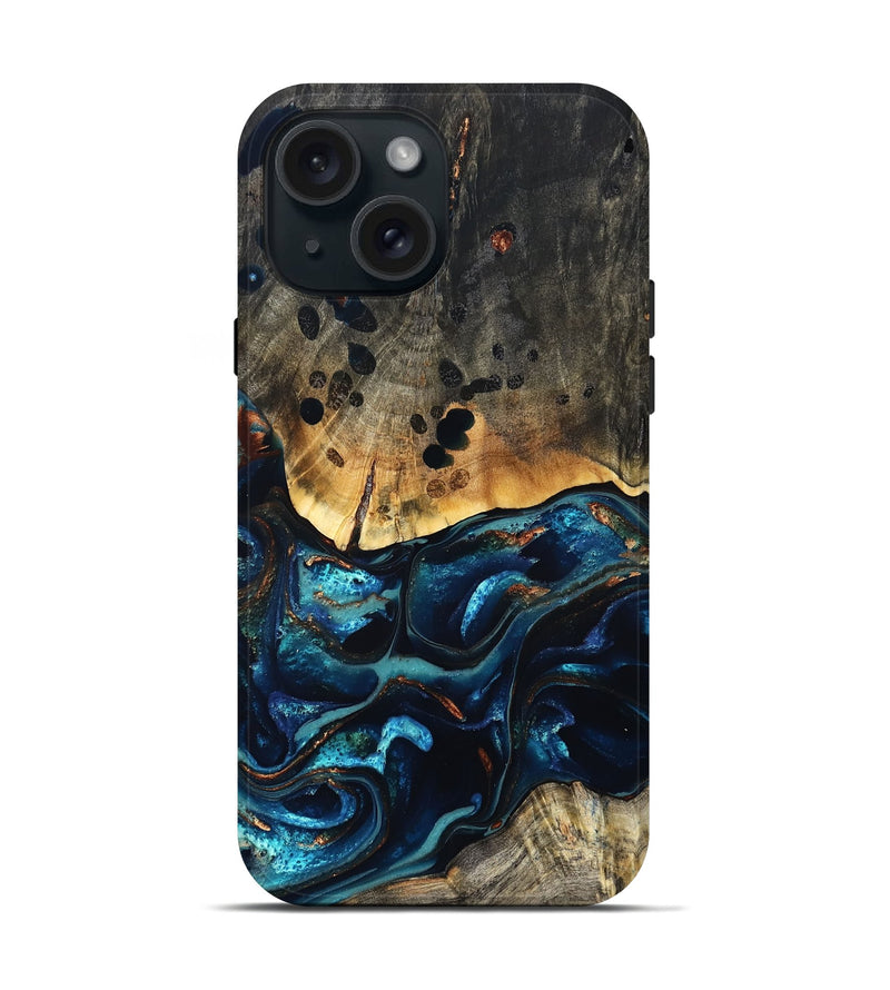 iPhone 15 Wood Live Edge Phone Case - Flynn (Teal & Gold, 823732)