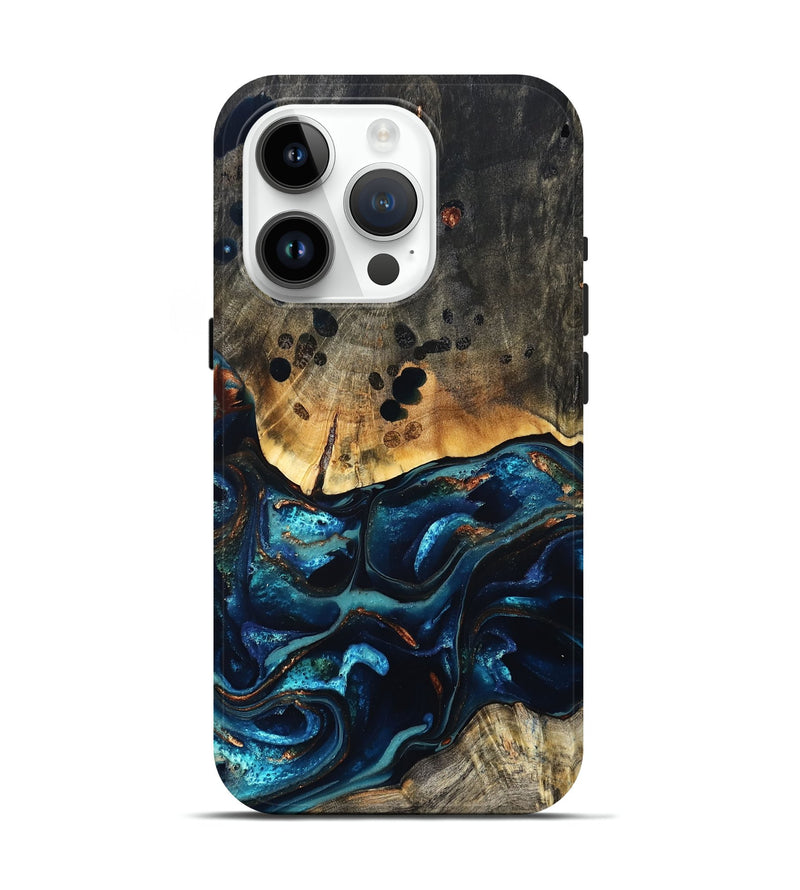 iPhone 15 Pro Wood Live Edge Phone Case - Flynn (Teal & Gold, 823732)