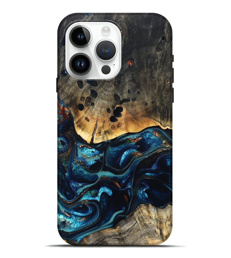 iPhone 15 Pro Max Wood Live Edge Phone Case - Flynn (Teal & Gold, 823732)