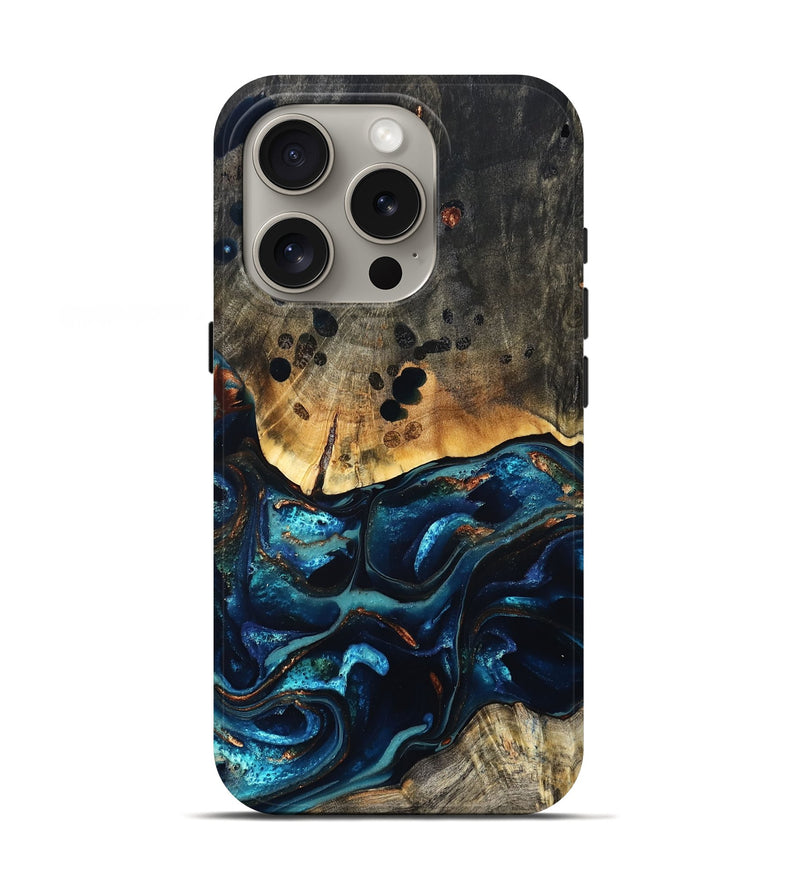 iPhone 16 Pro Wood Live Edge Phone Case - Flynn (Teal & Gold, 823732)