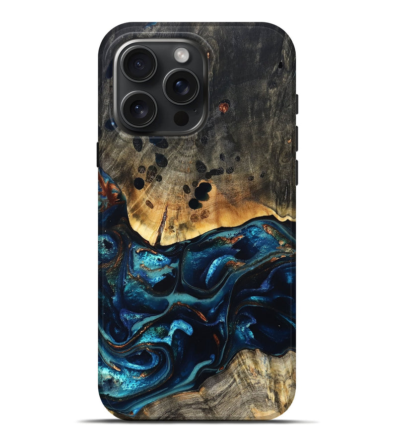 iPhone 16 Pro Max Wood Live Edge Phone Case - Flynn (Teal & Gold, 823732)
