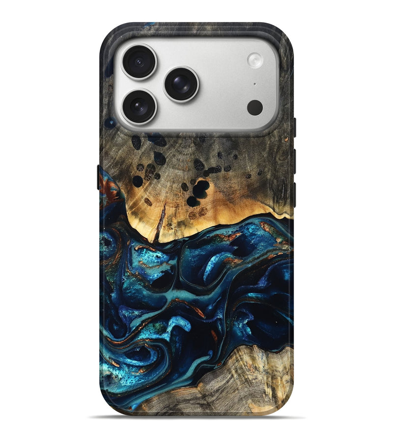 iPhone 17 Pro Max Wood Live Edge Phone Case - Flynn (Teal & Gold, 823732)