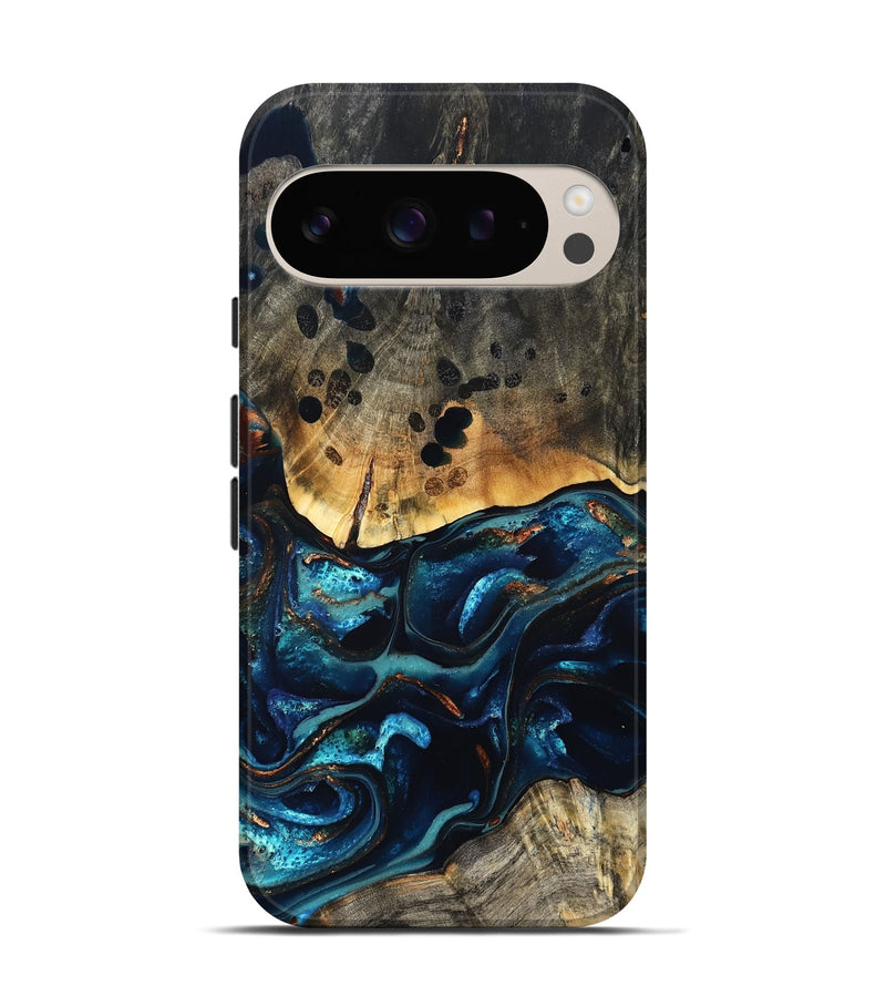 Pixel 9 Pro Wood Live Edge Phone Case - Flynn (Teal & Gold, 823732)