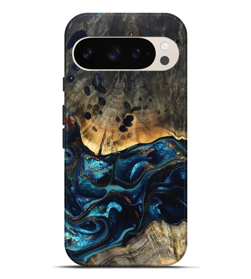 Pixel 9 Pro XL Wood Live Edge Phone Case - Flynn (Teal & Gold, 823732)