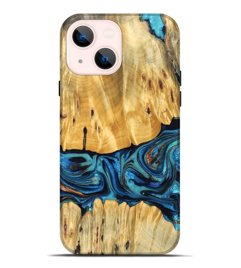 iPhone 14 Plus Wood Live Edge Phone Case - Cade (Teal & Gold, 823733)