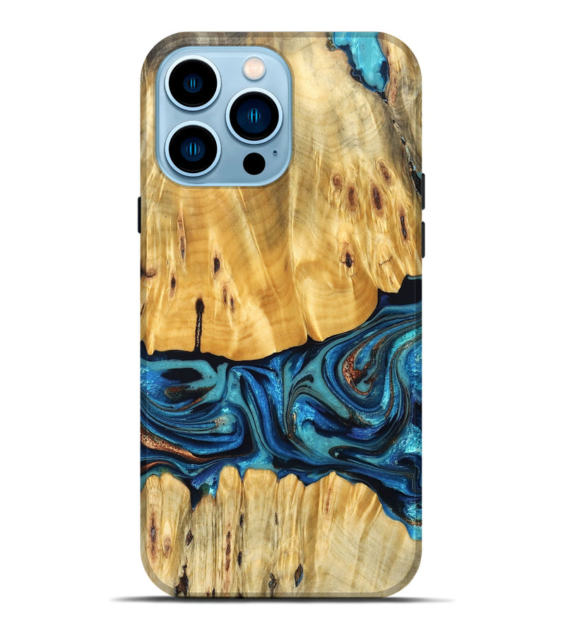 iPhone 14 Pro Max Wood Live Edge Phone Case - Cade (Teal & Gold, 823733)