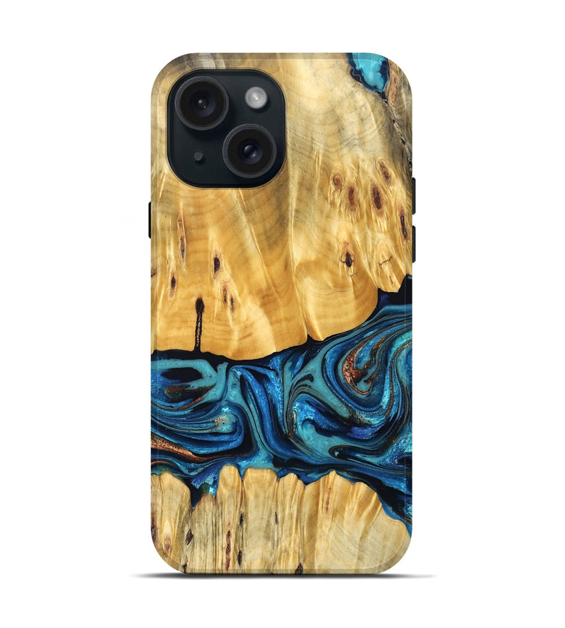 iPhone 15 Wood Live Edge Phone Case - Cade (Teal & Gold, 823733)
