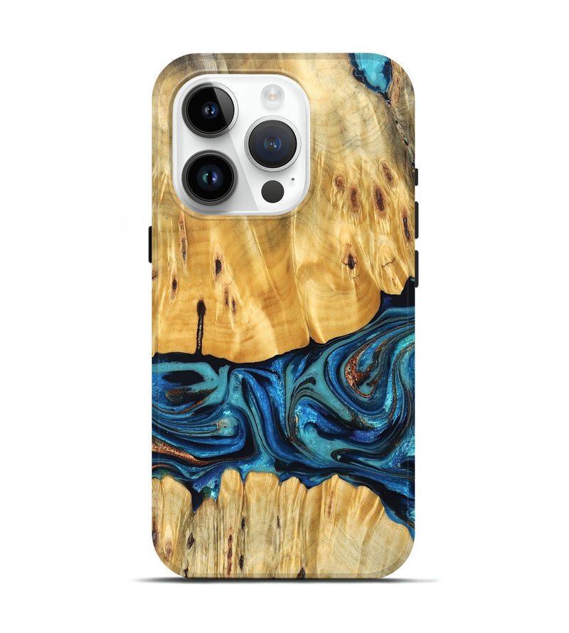iPhone 15 Pro Wood Live Edge Phone Case - Cade (Teal & Gold, 823733)