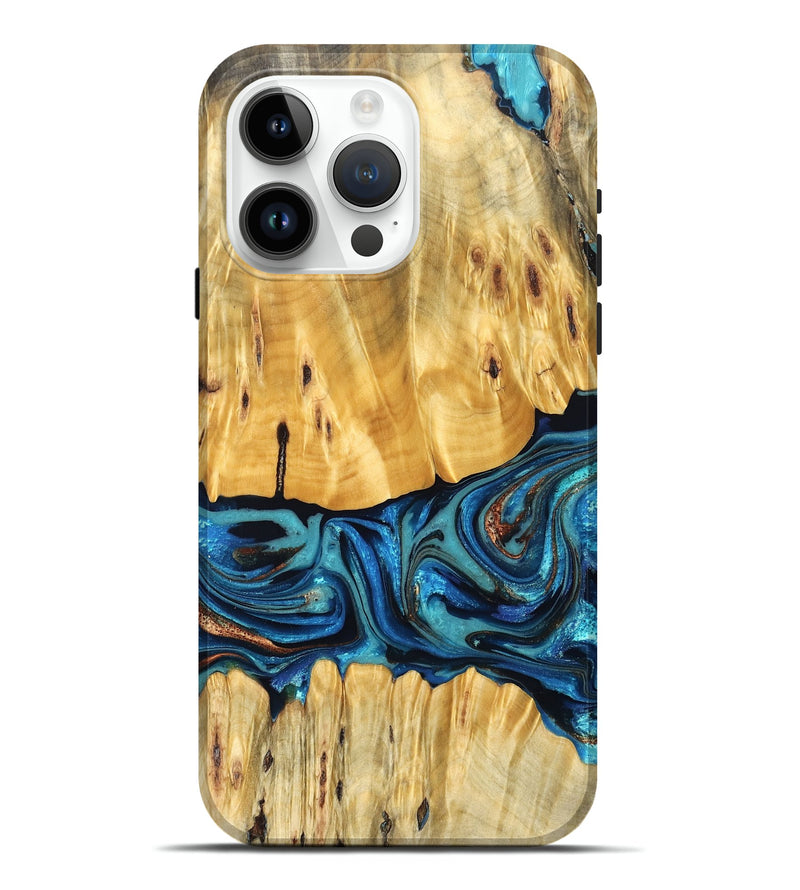 iPhone 15 Pro Max Wood Live Edge Phone Case - Cade (Teal & Gold, 823733)