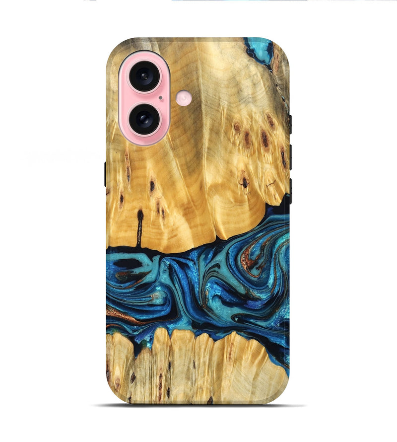 iPhone 16 Wood Live Edge Phone Case - Cade (Teal & Gold, 823733)