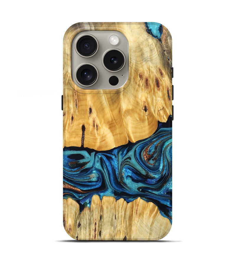 iPhone 16 Pro Wood Live Edge Phone Case - Cade (Teal & Gold, 823733)