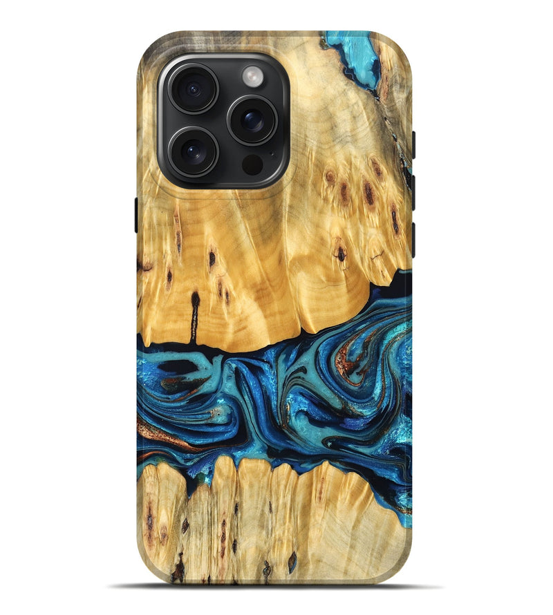 iPhone 16 Pro Max Wood Live Edge Phone Case - Cade (Teal & Gold, 823733)