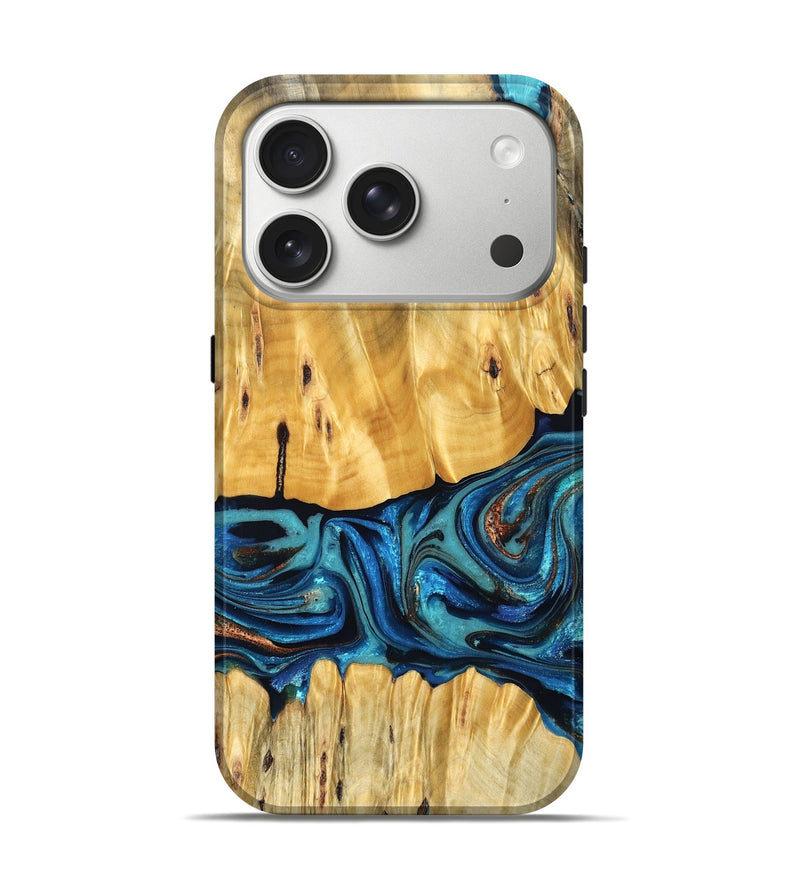 iPhone 17 Pro Wood Live Edge Phone Case - Cade (Teal & Gold, 823733)