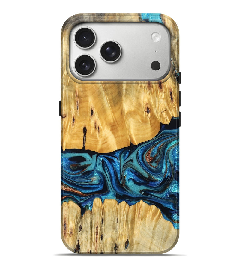 iPhone 17 Pro Max Wood Live Edge Phone Case - Cade (Teal & Gold, 823733)