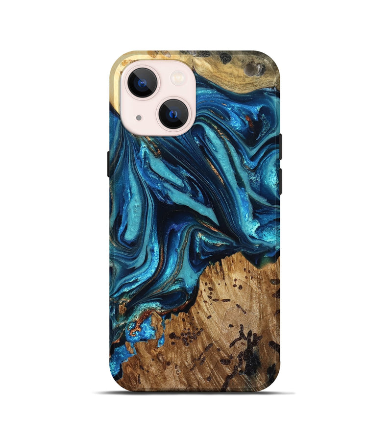 iPhone 13 mini Wood Live Edge Phone Case - Bernie (Teal & Gold, 823736)