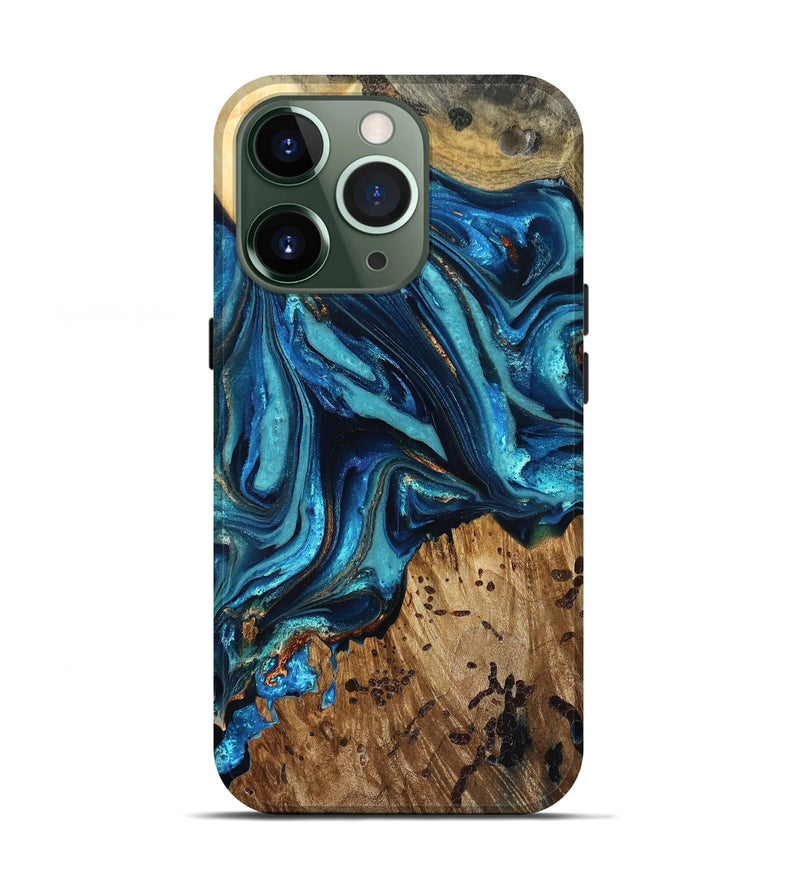 iPhone 13 Pro Wood Live Edge Phone Case - Bernie (Teal & Gold, 823736)
