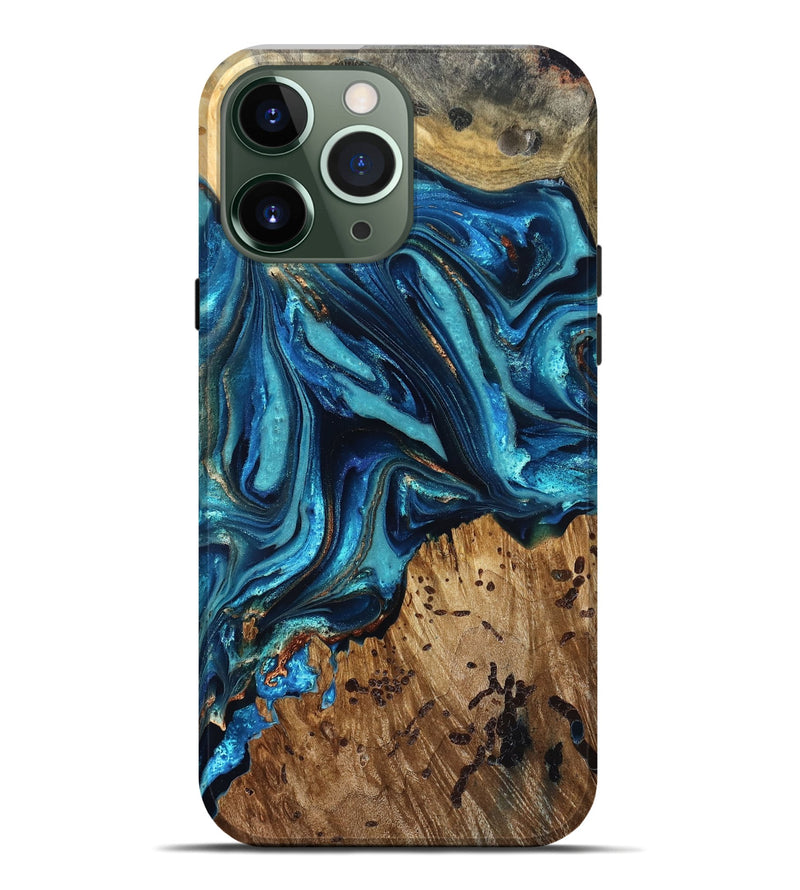 iPhone 13 Pro Max Wood Live Edge Phone Case - Bernie (Teal & Gold, 823736)
