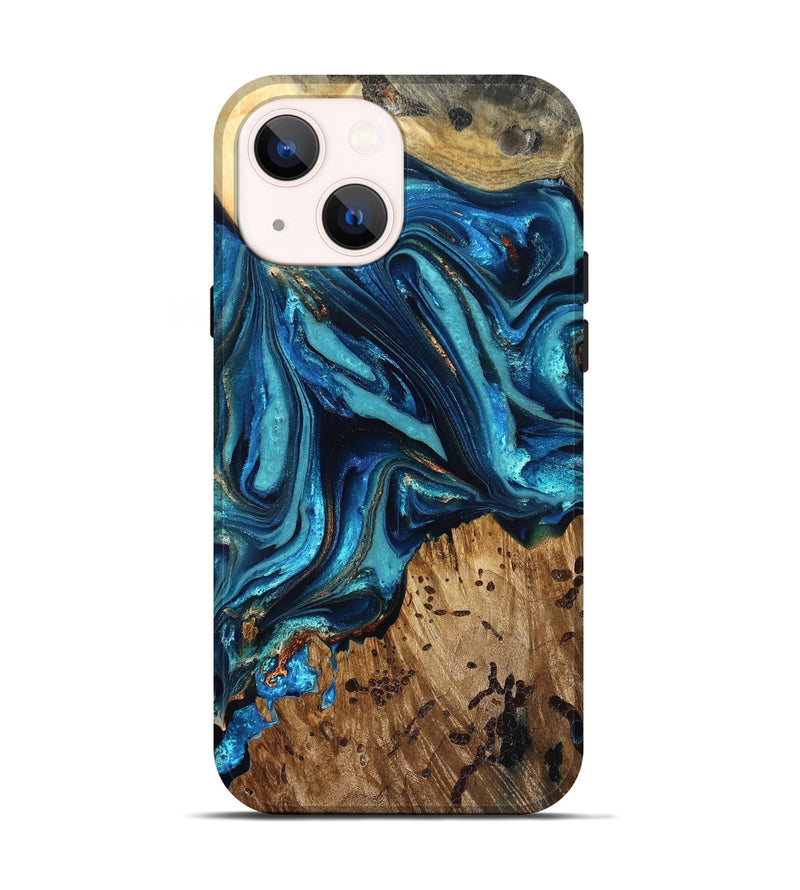 iPhone 14 Wood Live Edge Phone Case - Bernie (Teal & Gold, 823736)