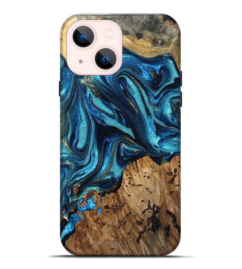 iPhone 14 Plus Wood Live Edge Phone Case - Bernie (Teal & Gold, 823736)