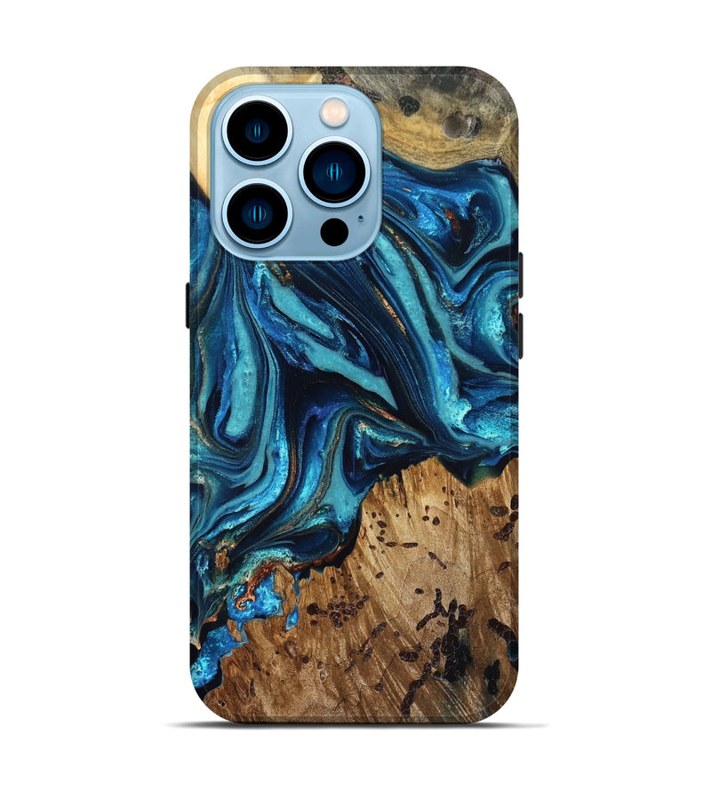 iPhone 14 Pro Wood Live Edge Phone Case - Bernie (Teal & Gold, 823736)