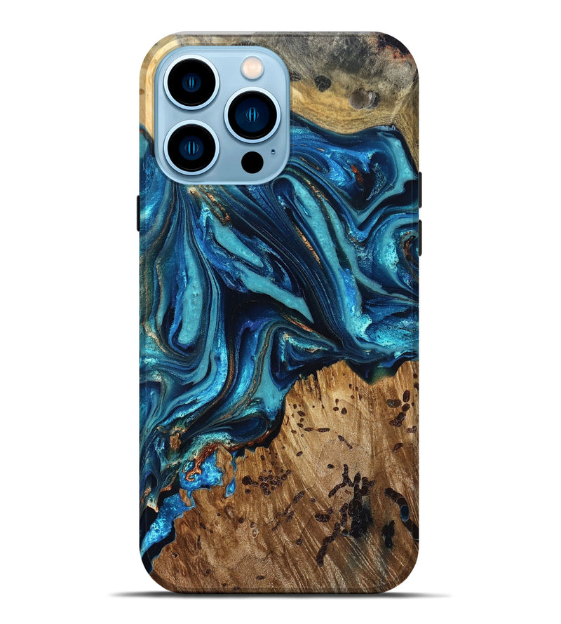 iPhone 14 Pro Max Wood Live Edge Phone Case - Bernie (Teal & Gold, 823736)