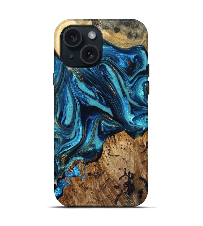 iPhone 15 Wood Live Edge Phone Case - Bernie (Teal & Gold, 823736)