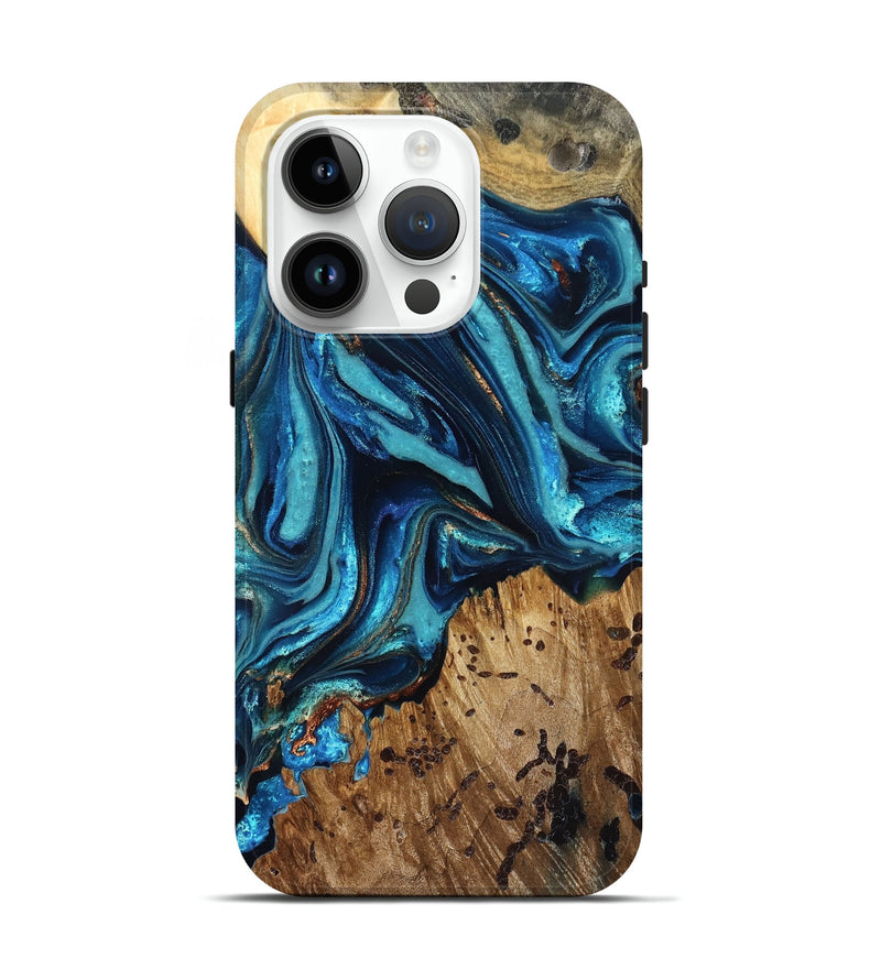 iPhone 15 Pro Wood Live Edge Phone Case - Bernie (Teal & Gold, 823736)