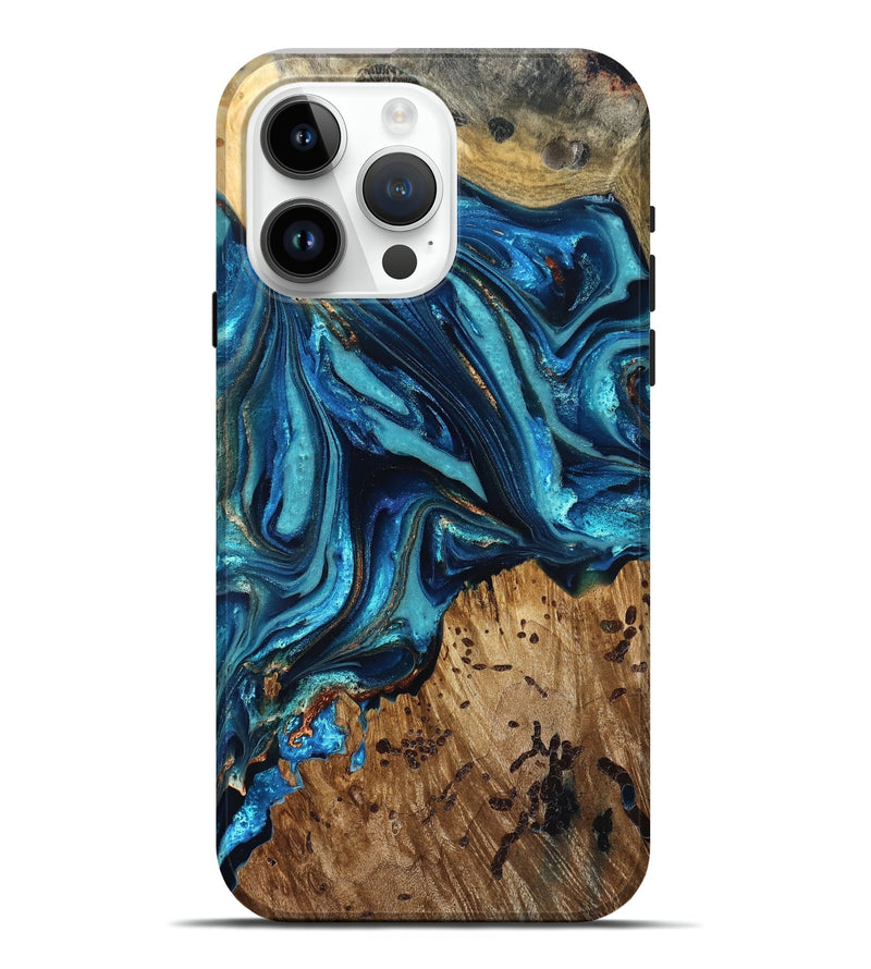 iPhone 15 Pro Max Wood Live Edge Phone Case - Bernie (Teal & Gold, 823736)